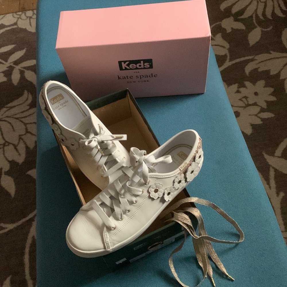 Kate Spade Keds with gold glitter and flower embellishment